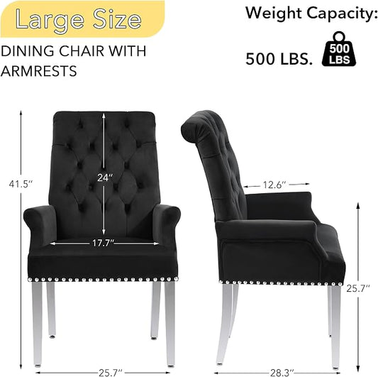 AODCHR Velvet Dining Chairs with Arms, Upholstered Accent Dining Room Chair, Tufted Kitchen Arm Chair with Stainless Steel Leg, Black