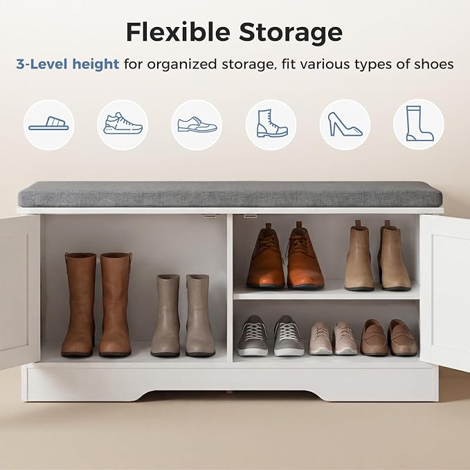 DUMOS Storage Bench, Shoe Organizer Cabinet with Thickened Padded Seat Cushion, Entryway Bench with 2 Doors & Adjustable Shelf for Hallway, Bedroom, Living Room, 39 inch, White