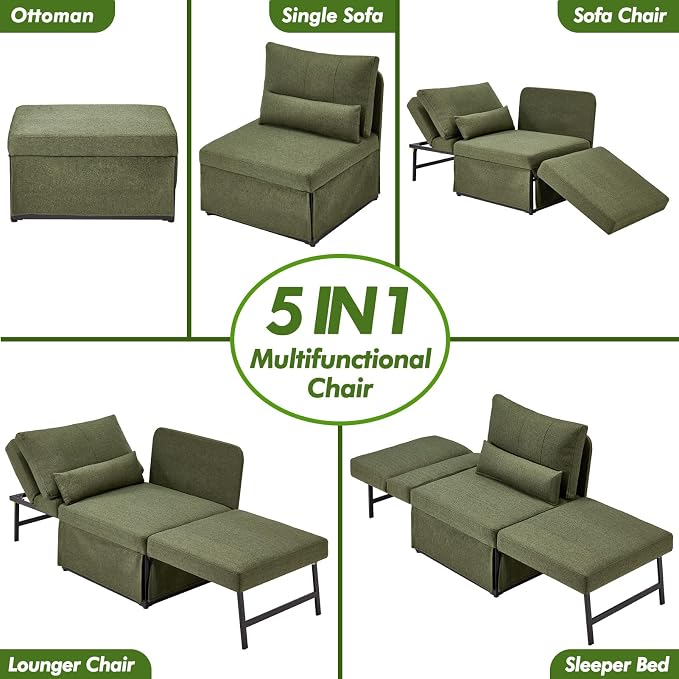 ZZW Sleeper Chair Bed Upgrade 4-in-1 to 5-in-1 Convertible Multi-fuction Sofa Chair w/Adjustable Backrest Assembly-Free Linen Folding Sofa Ottoman Bed for Living Room Apartment (Deep Green)