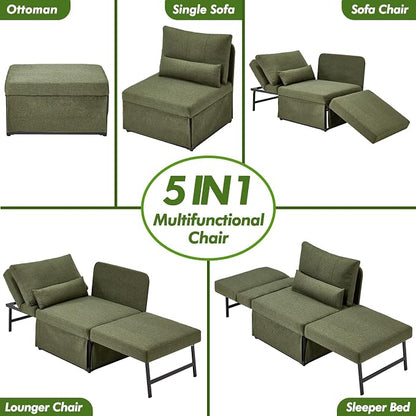 ZZW Sleeper Chair Bed Upgrade 4-in-1 to 5-in-1 Convertible Multi-fuction Sofa Chair w/Adjustable Backrest Assembly-Free Linen Folding Sofa Ottoman Bed for Living Room Apartment (Deep Green)