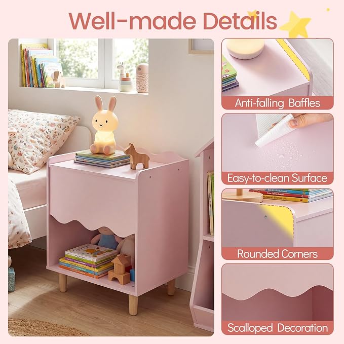 Costzon Nightstand, Kids Scalloped Side Table w/Wide Top, Large Storage Compartment & Solid Rubber Wood Legs, Wooden End Table for Children's Play Room, Bedroom, Living Room (Pink)