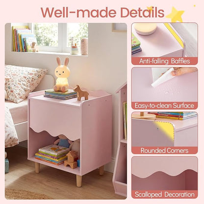 Costzon Nightstand, Kids Scalloped Side Table w/Wide Top, Large Storage Compartment & Solid Rubber Wood Legs, Wooden End Table for Children's Play Room, Bedroom, Living Room (Pink)