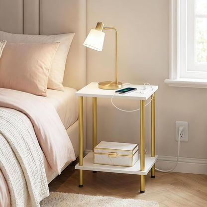 HOOBRO Side Table with Charging Station, End Table with USB Port and Outlet, Nightstand with 2-Layer Storage Shelves for Small Spaces, Living Room, Bedroom, Stable Frame, White and Gold DW09UBZ01