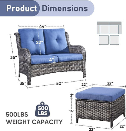 Outdoor Loveseat Sofa - 3 Piece Patio Furniture with Ottoman Deep Seating Patio Couch for Porch Deck Garden Backyard - Grey/Blue