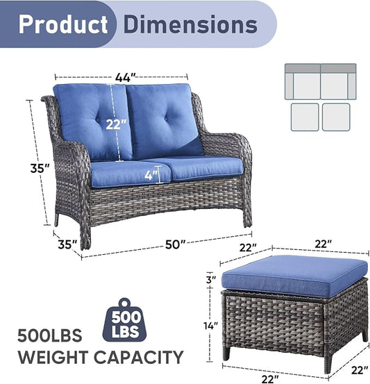 Outdoor Loveseat Sofa - 3 Piece Patio Furniture with Ottoman Deep Seating Patio Couch for Porch Deck Garden Backyard - Grey/Blue