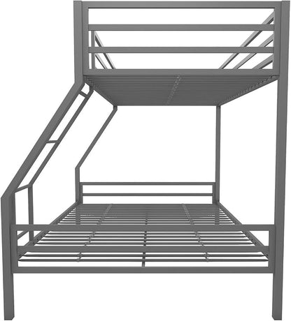 Novogratz Maxwell Metal Bunk Bed Frame for Kids and Teens, with Angled Ladder, High Guardrail and Metal Slats, No Boxspring Required, Underbed Storage Space, Twin-Over-Full, Gray