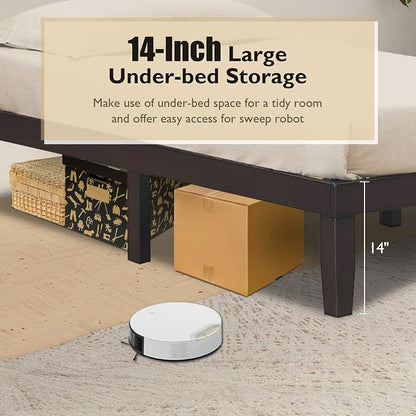 COSTWAY Twin Size Platform Bed Frame, 14 Inches Solid Rubber Wood Bed Mattress Foundation with Sturdy Slats Support, Easy Assembly Bed Frame for Home Hotel, No Box Spring Needed (Espresso, Twin)