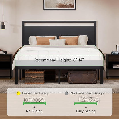 Z-hom Queen Bed Frame with Modern Wood Headboard & Footboard, Upgraded Heavy Duty Metal Sturdy Bed Frame Queen Size, Stable Platform Bed Furniture Bed Storage, No Noise, No Box Springs,Black