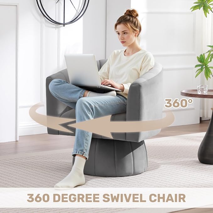 Swivel Accent Barrel Chair Set of 2, Cute Comfy Small Round 360° Arm Chair, Velvet Sofa Club Reading Chair for Living Room Bedroom Office Grey