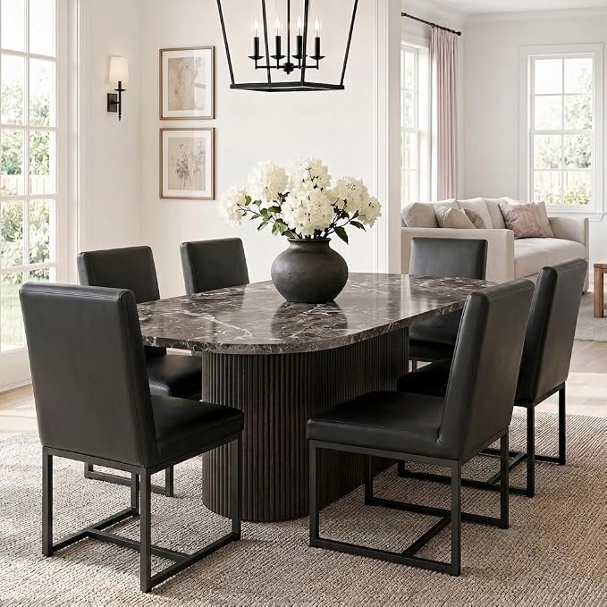 HNY Modern Dining Chairs Set of 6, Upholstered Leather Dining Room Chairs with Ergonomic Back & Metal Frame for Home, Kitchen, Apartment, Black