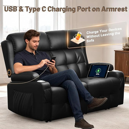 Power Loveseat Recliner with 2-Point Graphene Heat & Massage, Under-Seat Multi‑Color Adjustable LED Light Strips, Foldable Armrest, USB A/C, Wall Hugger Recliner Couch for RV Home Theater