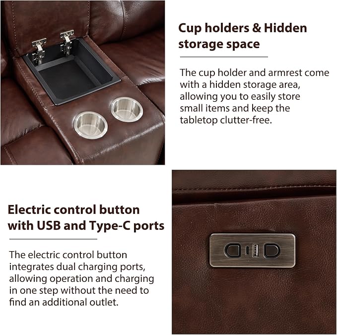 CANMOV Genuine Leather Power Reclining Sofa Set,Living Room Furniture Sofa Set,Power Recliner Chair,Loveseat and Sofa with Storage Console, USB Ports, Cup Holders for Living Room,Dark Brown