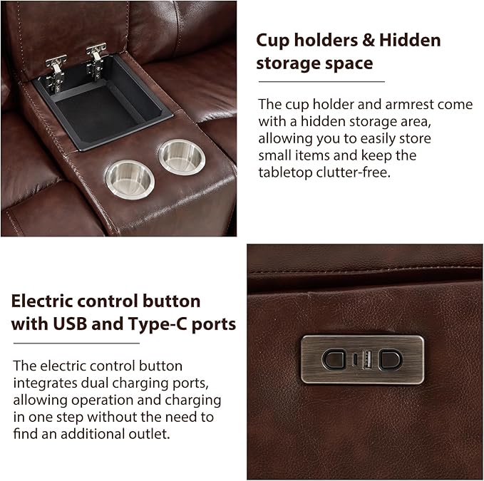 CANMOV Genuine Leather Power Reclining Sofa Set, Power Recliner Sofa and Loveseat Set, 2 Pieces Leather Couch with Storage Console, USB Ports, Cup Holders for Living Room,Dark Brown