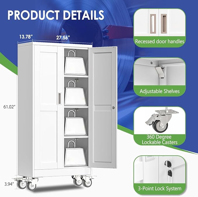 61" Metal Garage Storage Cabinet with Wheels and Locking Doors and Tall Rolling Steel Tool Cabinet with 3 Adjustable Shelves for Garage,Home,Office,Shop (White, 61''H x 28''W x14''D)