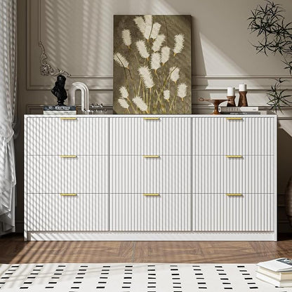 MAISONARIA 3-Piece Dresser Bedroom Set, 9 Drawer Dresser & 3 Drawer Dresser with Gold Handles, Fluted Wood Chest of Drawers for Bedroom, Living Room, Entryway, White