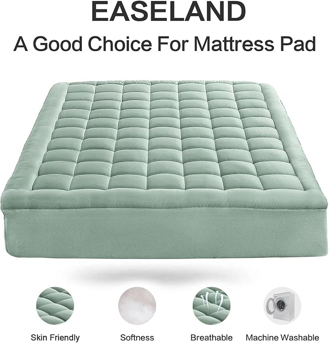 EASELAND Twin XL Mattress Pad Cotton Pillow Top Mattress Topper for Dorm | College Dorm Mattress Cover Cooling 8-21" Deep Pocket 39x80 Inches Pale Aqua,Boxing Quilted & Machine Washable