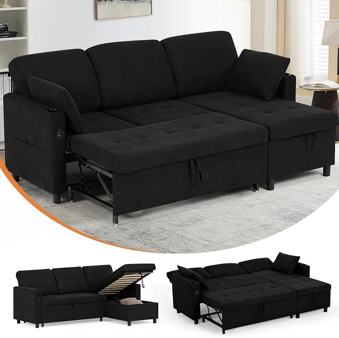 84" Fabric Sleeper Sofa Bed w/Adjustable Backrests, L-Shaped Sectional Sofa Bed w/USB Port & Thickened Cushions, Convertible Pull Out Couch Bed w/Storage Bags for Living Room, Black