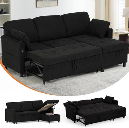 84" Fabric Sleeper Sofa Bed w/Adjustable Backrests, L-Shaped Sectional Sofa Bed w/USB Port & Thickened Cushions, Convertible Pull Out Couch Bed w/Storage Bags for Living Room, Black