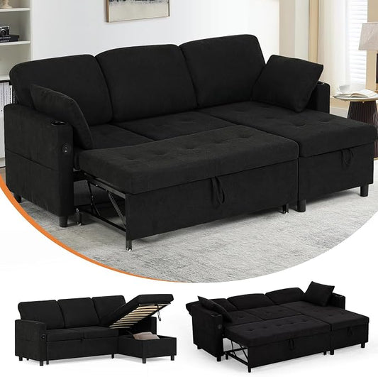 84" Fabric Sleeper Sofa Bed w/Adjustable Backrests, L-Shaped Sectional Sofa Bed w/USB Port & Thickened Cushions, Convertible Pull Out Couch Bed w/Storage Bags for Living Room, Black