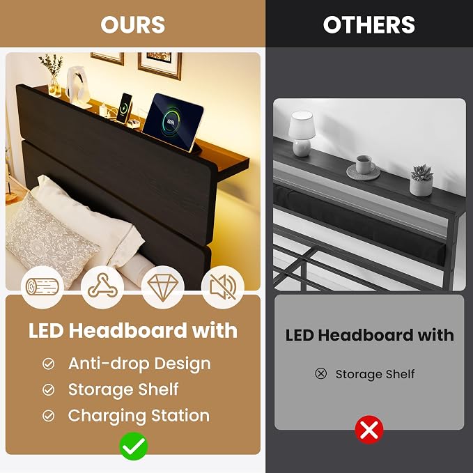 SHA CERLIN Twin Size Bed Frame with Led Light & Built-in Charging Station, Wooden Headboard with Storage Shelf, Metal Platform Bed, Under Bed Storage, No Box Spring Needed, Noise Free, Black