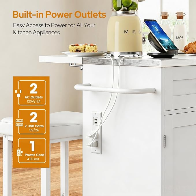 Concho 41'' Kitchen Island with Seating and Stainless Steel Countertop, Rolling Kitchen Carts on Wheels with Folding Drop Leaf, Bar Stool, Power Outlet, Spice/Towel Rack, White