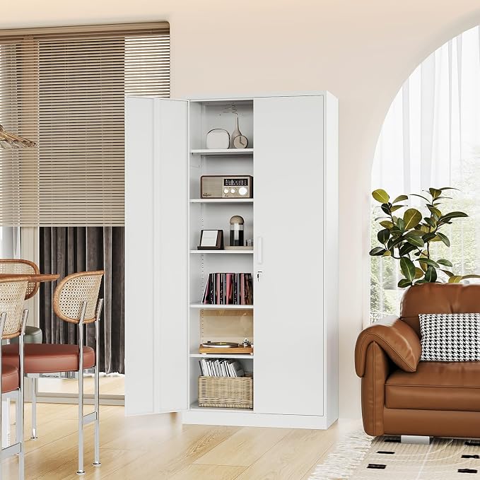 Fesbos Metal Storage Cabinet-72” Tall Steel File Cabinets with Lockable Doors and 5 Adjustable Shelves-White Steel Storage Cabinet for Home, School, Office, Garage