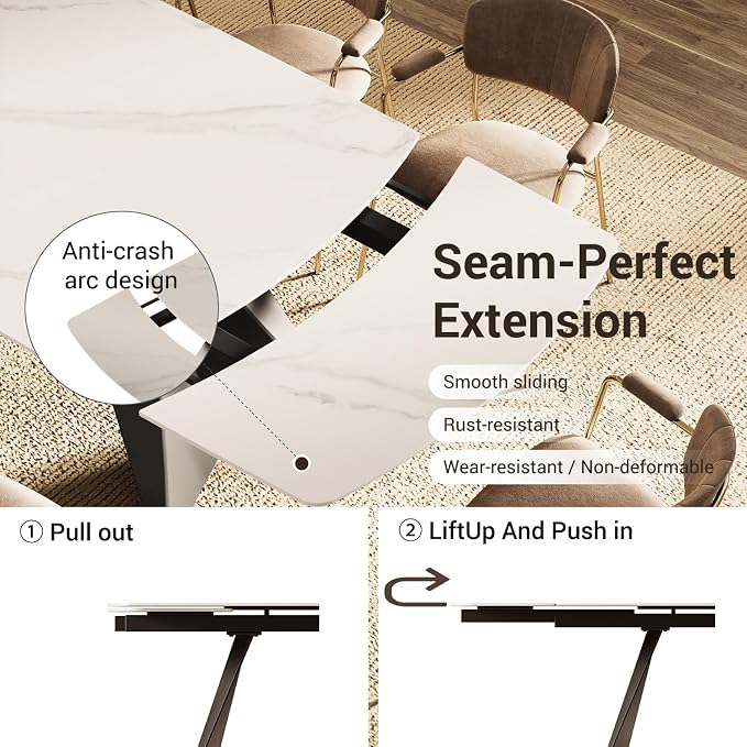 Honyee Extendable Dining Table with Leaf, 78 to 110 Inch Rectangular Sintered Stone, Modern Large Dining Room Table Seats 6 8 10 12, Metal Base, Marble Look for Family Gatherings
