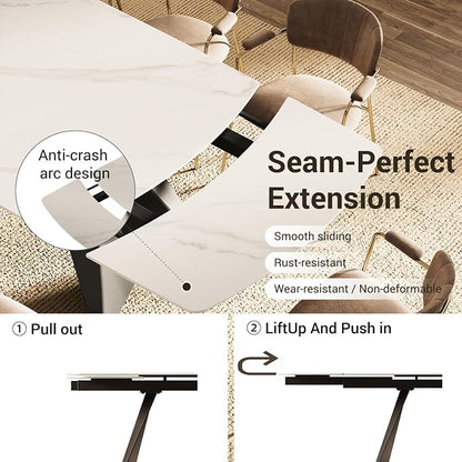 Honyee Extendable Dining Table with Leaf, 78 to 110 Inch Rectangular Sintered Stone, Modern Large Dining Room Table Seats 6 8 10 12, Metal Base, Marble Look for Family Gatherings