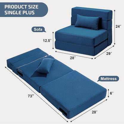 SUYOLS Folding Sofa Bed with Pillow- Convertible Chair Floor Couch & Sleeping Mattress, Foldable Memory Foam Sleeper for Living Room/Dorm/Guest Room/Home Office/Apartment/Loft, Single28,Navy Blue