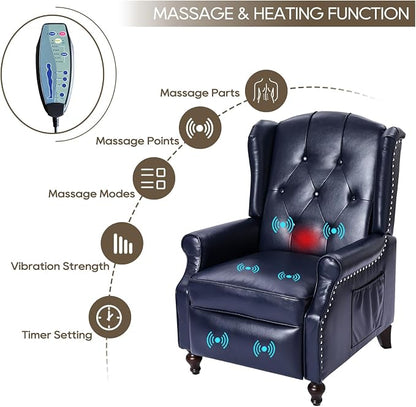 Wingback Recliner Chair with Massage and Heat PU Leather Push Back Arm Chair, Recliner Chair for Living Room Bedroom Home Theater (1,Navy Blue)