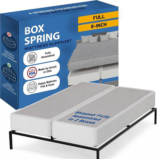 Greaton, Box Spring Bed Base Full Size, 8-Inch Wood Mattress Foundation – Amish Made in USA – Quiet Noise Free, 2-Pieces Under Mattress-Support BoxSpring, Fully Assembled, White