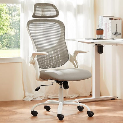 Ergonomic Office Chair, Comfy Desk Chair with Wheels, Adjustable Headrests, Flip-Up Armrests, Breathable Mesh High-Back, Comfortable Swivel Seating for Home Computer, Grey
