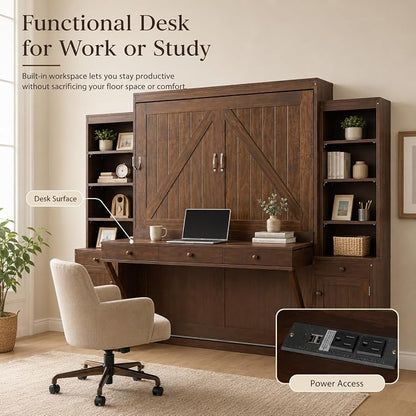 Queen Murphy Bed with Desk, Wall Bed Cabinet with Storage Shelves, Enclosed Cabinets and Hidden Foldout Workstation, Folding Cabinet Bed, Space Saving Bed for Guest Room, Home Office (Dark Brown)