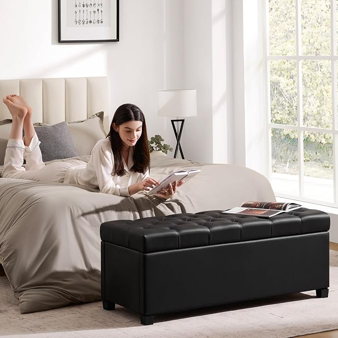 47.2" Ottoman with Storage, Storage Ottoman Bench with Safety Hinge,Tufted End of Bed Bench, Upholstered Entryway Bench for Bedroom, Living Room & Window (Black-Upgraded Version)