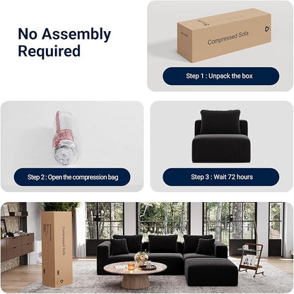 Avenco 141” 6-Seat Modular Sectional Sofa Couch, Individually Wrapped Coil Support & Corduroy Fabric, Zero Assembly 6-Piece Set for Large Living Room, Black