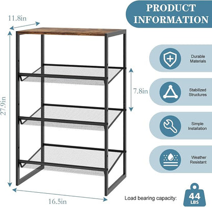 Shoe Rack for Entryway,4 Tier Shoe Shelf，Sturdy Shoe Storage Organizer,Boot Rack with a Fine Mesh Shelves，for Living Room, Hallway，Small Space,11.8 x 16.5 x 27.9 Inches,Brown