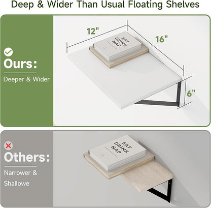 Heimlove 12 Inch Deep Floating Shelves for Wall, 16W x 12D Wide White Floating Shelves Heavy Duty Wall Mounted Shelves, Wood Wall Shelves for Living Room Bedroom Bathroom Kitchen- Set of 4