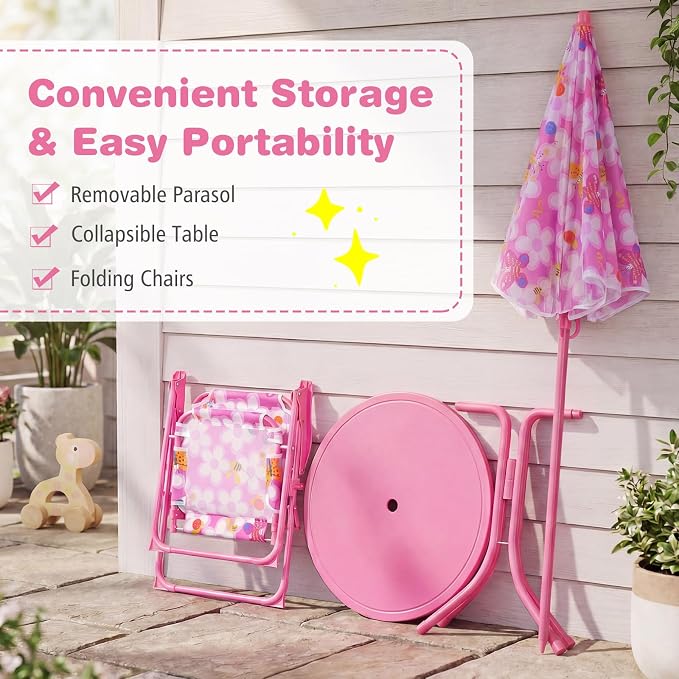 Costzon Kids Picnic Table, Kids Outdoor Table with 2 Folding Chairs, Height Adjustable Umbrella, Portable Children Outdoor Furniture for Patio, Garden, Backyard (Pink Flowers)