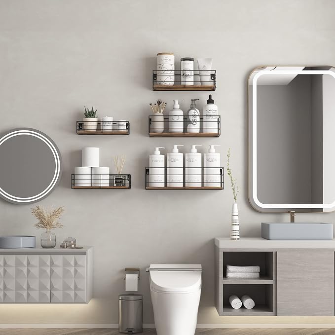 CRUGLA Floating Wall Shelves Set of 5, Wall Mounted Bathroom Shelves, Hanging Storage Shelf for Bathroom, Kitchen, Bedroom, Living Room