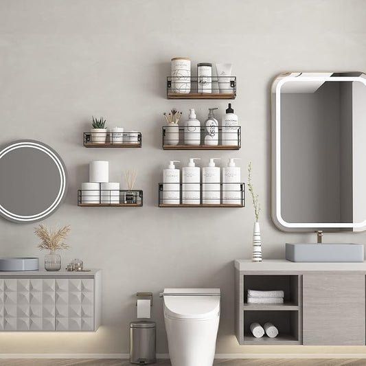 CRUGLA Floating Wall Shelves Set of 5, Wall Mounted Bathroom Shelves, Hanging Storage Shelf for Bathroom, Kitchen, Bedroom, Living Room