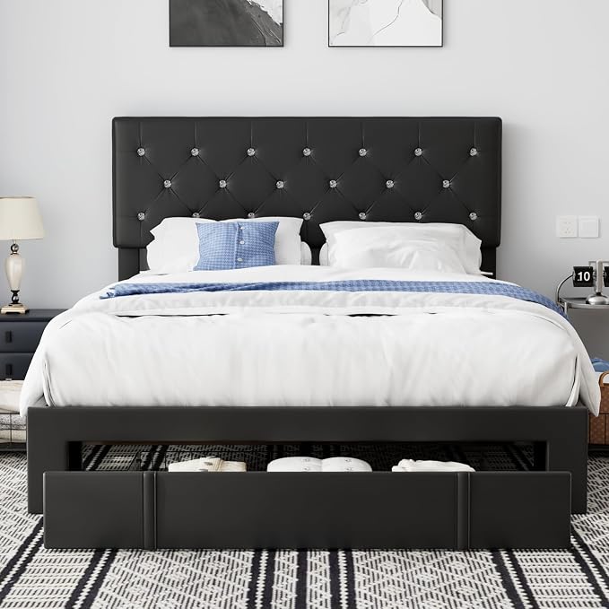 VECELO Full Size Bed Frame with 3 Storage Drawers, Leather Upholstered with Diamond Tufted Headboard, Solid Wood Slat Support & Steel Framework, Black