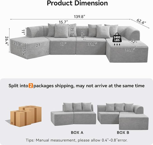 140''Oversized Cloud Velvet Curved Sectional Couch, Boneless Couch with L-Shape Chaise, Upholstered Compression Memory Foam Modular Sectional Sofa for Living Room, No Assembly Required, Grey