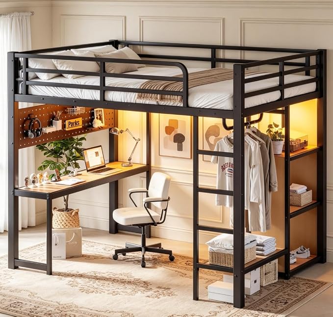 Bellemave Full Size Loft Bed with Desk,with USB Ports, Lights, and Hanging Rod, Cave Board Design, Metal Full Loft Bed Frame for Adults, Kids, Teens, Black