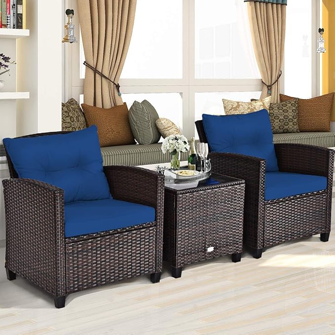 Tangkula 3 Pieces Patio Furniture Set, PE Rattan Wicker 3 Pcs Outdoor Sofa Set w/Washable Cushion and Tempered Glass Tabletop, Conversation Furniture for Garden Poolside Balcony (Blue)