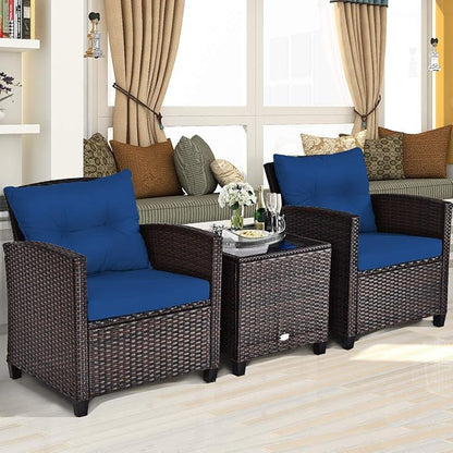 Tangkula 3 Pieces Patio Furniture Set, PE Rattan Wicker 3 Pcs Outdoor Sofa Set w/Washable Cushion and Tempered Glass Tabletop, Conversation Furniture for Garden Poolside Balcony (Blue)