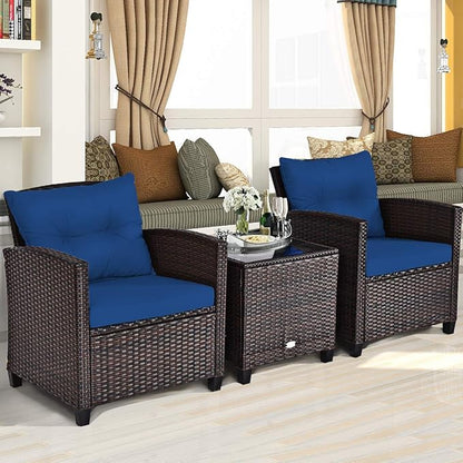 COSTWAY 3PCS Patio Furniture Set, PE Rattan Wicker Sofa w/Washable Cushion and Coffee Table, Tempered Glass Tabletop, Outdoor Conversation Set for Balcony, Porch, Yard, Backyard, Lawn, Navy Blue