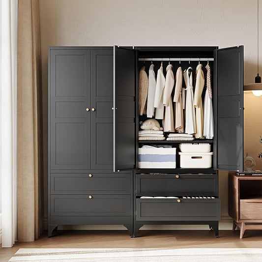 Letaya 71" Metal Wardrobe Cabinets with 2 Drawers,Steel Armoire Wardrobe Closet with Doors and Shelves,Clothing Storage Cabinets with Hanging Rod for Bedroom, Gym, Cloak Room,Black