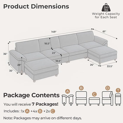 SITJOY Large Cloud Couch, 149" Wide 4 Seater U Shape, Chenille in Navy Blue | Detachable and Washable Chenille Cover Sectional Sofas for Living Room, Deep Seat Wide Couch with Chaise, Storage Ottoman