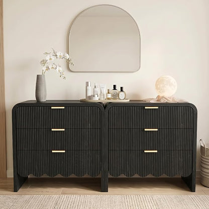 Scalloped Black 3 Drawer Dresser for Bedroom, 32'' Wide Large Drawer Nightstand,3 Drawer End Table Living Rooms, Offices, and Entryway