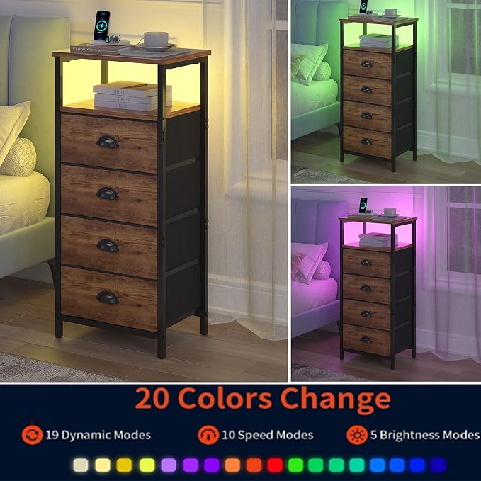 sthmec Nightstand with Charging Station,LED Nightstand with 4 Fabric Drawers, Bedside End Tables, 2-Tier Open Storage Shelf Side Table Nightstand with Drawers for Bedroom,Rustic Brown